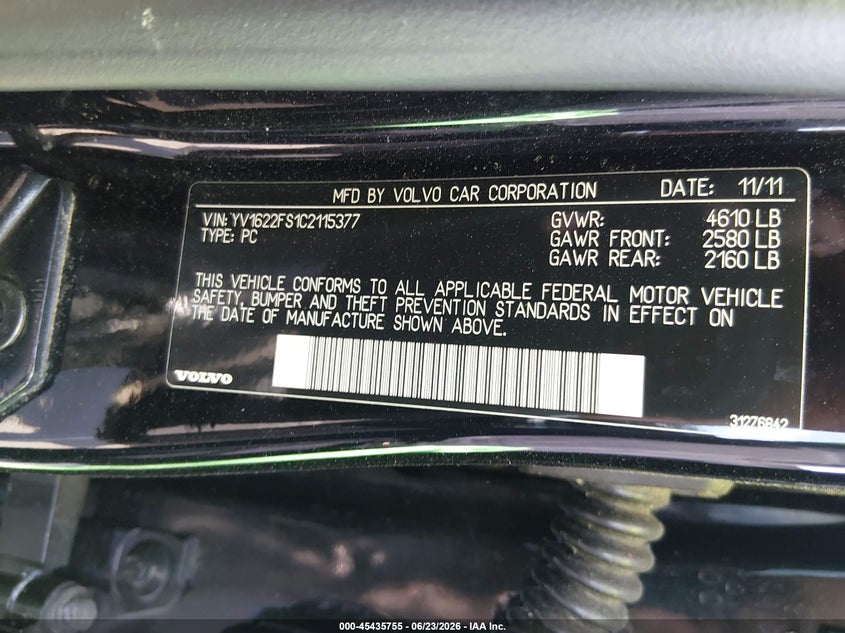 2012 Volvo S60 VIN YV1622FS1C2115377 IAAI salvage auction — LEFT REAR, Salvage (North Carolina), sold $25 on 2026-07-22 (photo 9)