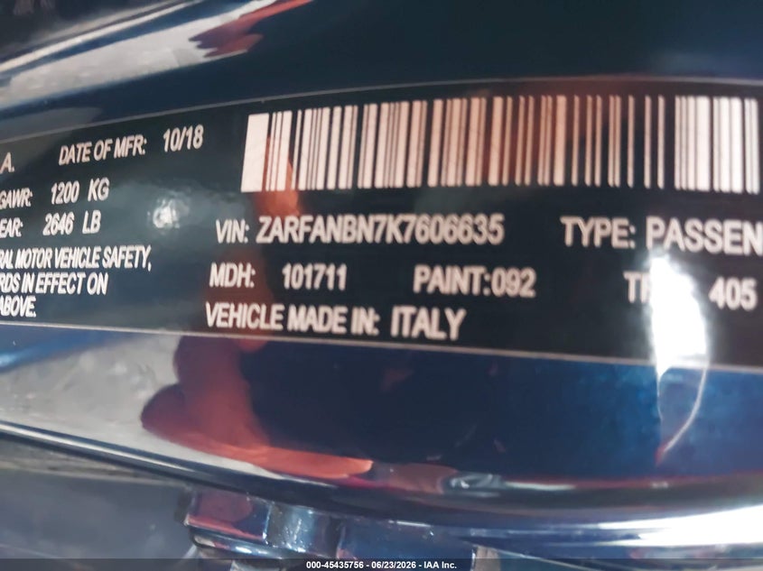 2019 Alfa romeo Giulia VIN ZARFANBN7K7606635 IAAI salvage auction — FRONT END, Salvage (Pennsylvania), sold $9,250 on 2026-07-31 (photo 9)