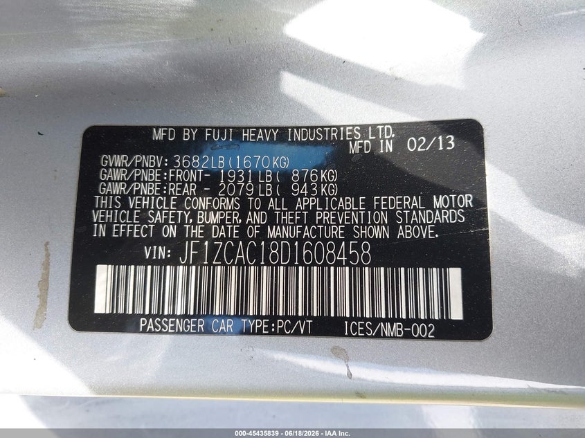2013 Subaru Brz VIN JF1ZCAC18D1608458 IAAI salvage auction — NORMAL WEAR, Salvage (California), sold $1,325 on 2026-07-13 (photo 9)