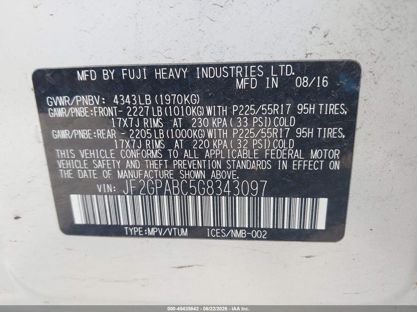 2016 Subaru Xv VIN JF2GPABC5G8343097 IAAI salvage auction — FRONT END, Clear (Michigan), sold $1,850 on 2026-07-30 (photo 9)