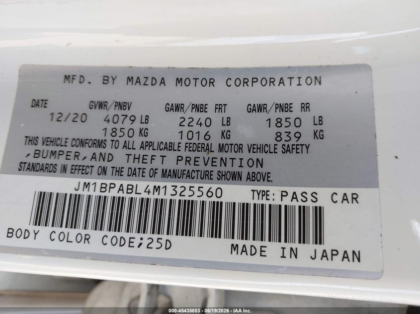 2021 Mazda 3 VIN JM1BPABL4M1325560 IAAI salvage auction — FRONT END, Salvage Title, sold $3,875 on 2026-07-29 (photo 9)