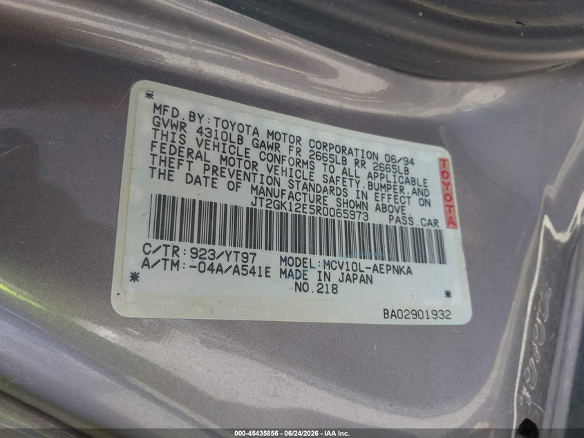 1994 Toyota Camry VIN JT2GK12E5R0065973 IAAI salvage auction — NORMAL WEAR, Salvage Title - Dealer (California), sold $325 on 2026-07-13 (photo 9)
