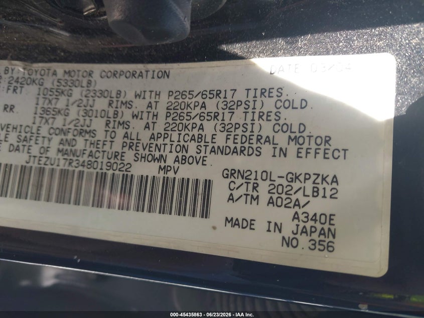 2004 Toyota 4runner VIN JTEZU17R348019022 IAAI salvage auction — RIGHT REAR, Salvage (California), sold $1,900 on 2026-07-14 (photo 9)