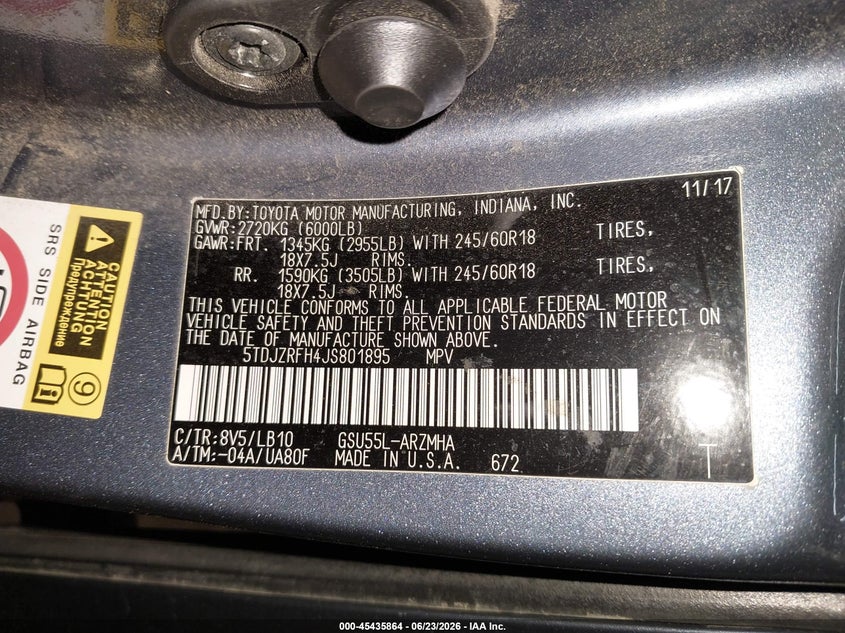 2018 Toyota Highlander VIN 5TDJZRFH4JS801895 IAAI salvage auction — FRONT END, Salvage (Pennsylvania), sold $6,600 on 2026-07-09 (photo 9)