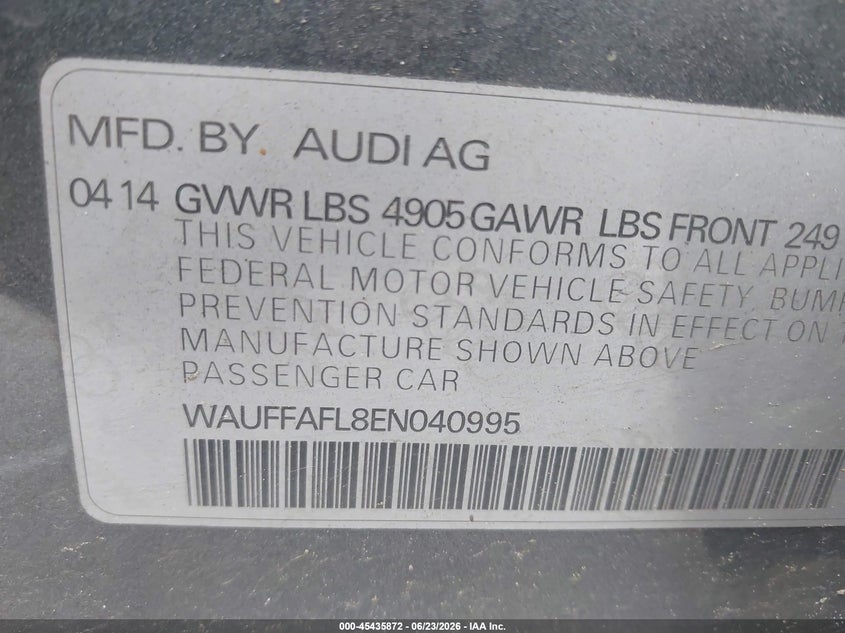 2014 Audi A4 VIN WAUFFAFL8EN040995 IAAI salvage auction — FRONT END, Clear (Virginia), sold $825 on 2026-07-20 (photo 9)