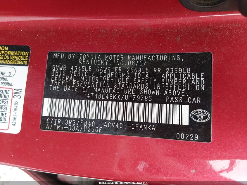 2007 Toyota Camry VIN 4T1BE46KX7U179785 IAAI salvage auction — REAR END, Nrc Lienholder Repossession Paperwork (Alabama), sold $250 on 2026-07-20 (photo 9)