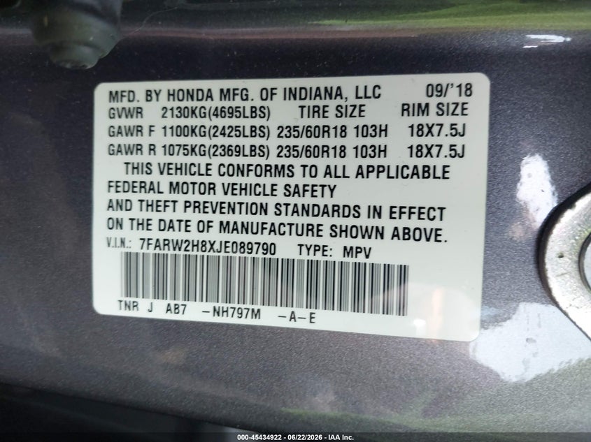 2018 Honda Cr-v VIN 7FARW2H8XJE089790 IAAI salvage auction — RIGHT REAR, Salvage Title, sold $7,200 on 2026-07-30 (photo 9)
