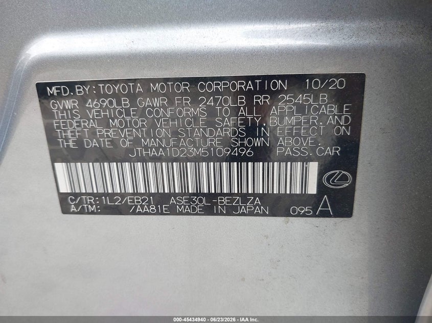 2021 Lexus Is VIN JTHAA1D23M5109496 IAAI salvage auction — FRONT END, Salvage Title, sold $5,100 on 2026-07-23 (photo 9)