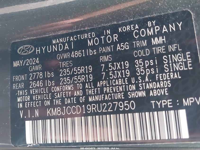 2024 Hyundai Tucson VIN KM8JCCD19RU227950 IAAI salvage auction — FRONT END, Salvage Title, sold $9,100 on 2026-07-30 (photo 9)