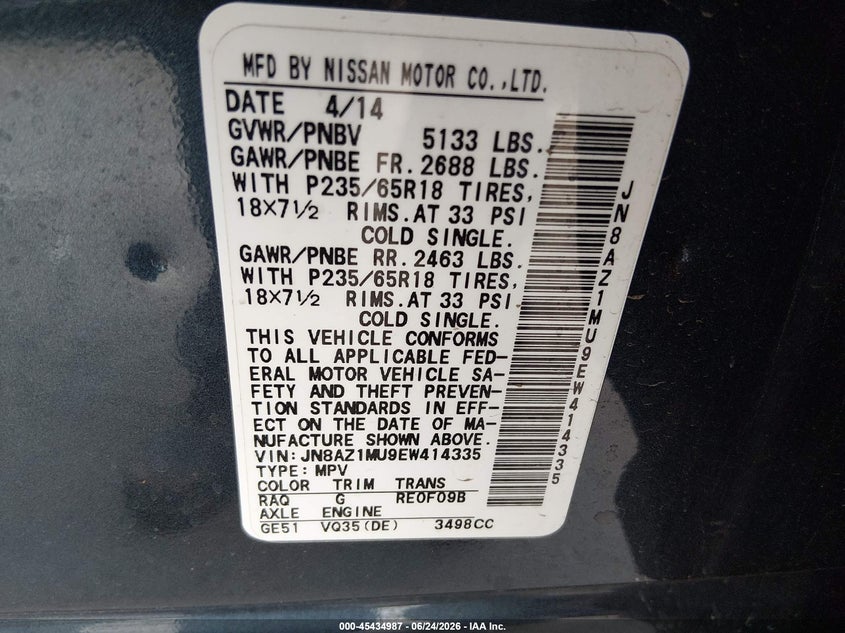 2014 Nissan Murano VIN JN8AZ1MU9EW414335 IAAI salvage auction — RIGHT FRONT, Salvage (Arizona), sold $875 on 2026-07-21 (photo 9)