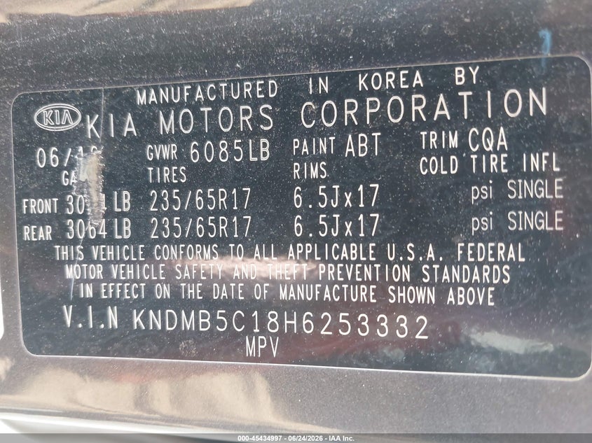 2017 Kia SEDONA VIN KNDMB5C18H6253332 IAAI salvage auction — LEFT FRONT, Salvage (Massachusetts), sold $1,400 on 2026-07-15 (photo 9)