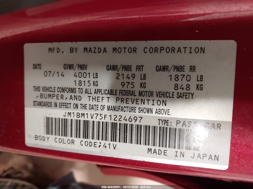 2015 Mazda 3 VIN JM1BM1V75F1224697 IAAI salvage auction — ROOF, Mv-907A (New York), sold $2,400 on 2026-07-07 (photo 9)