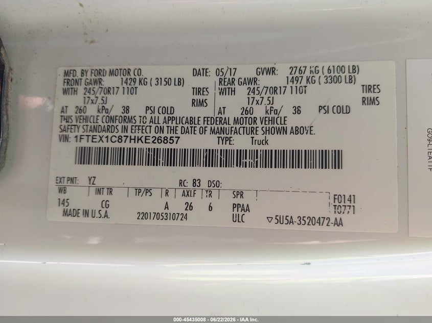 2017 Ford F-150 VIN 1FTEX1C87HKE26857 IAAI salvage auction — NORMAL WEAR, SF97 (California), sold $13,100 on 2026-07-28 (photo 9)