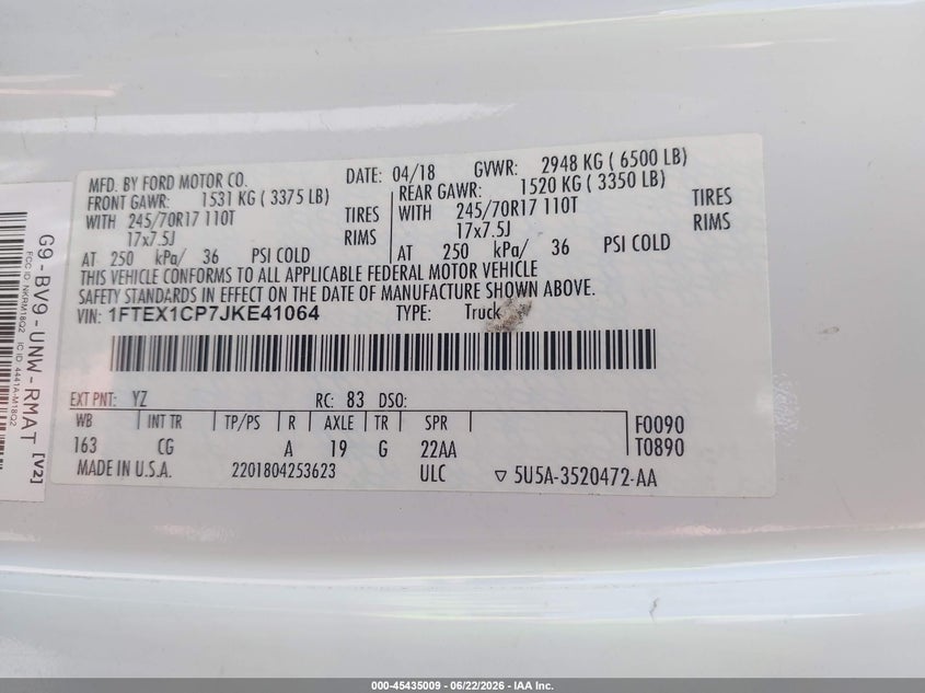 2018 Ford F-150 VIN 1FTEX1CP7JKE41064 IAAI salvage auction — NORMAL WEAR, SF97 (California), sold $17,000 on 2026-07-28 (photo 9)