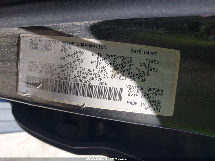 1996 Toyota 4runner VIN JT3HN86R1T0030500 IAAI salvage auction — NORMAL WEAR, Clear (Illinois), sold $450 on 2026-07-29 (photo 9)