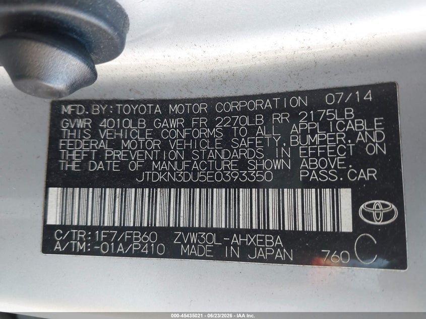 2014 Toyota Prius VIN JTDKN3DU5E0393350 IAAI salvage auction — RIGHT FRONT, Rebuildable (Florida), sold $1,675 on 2026-07-13 (photo 9)