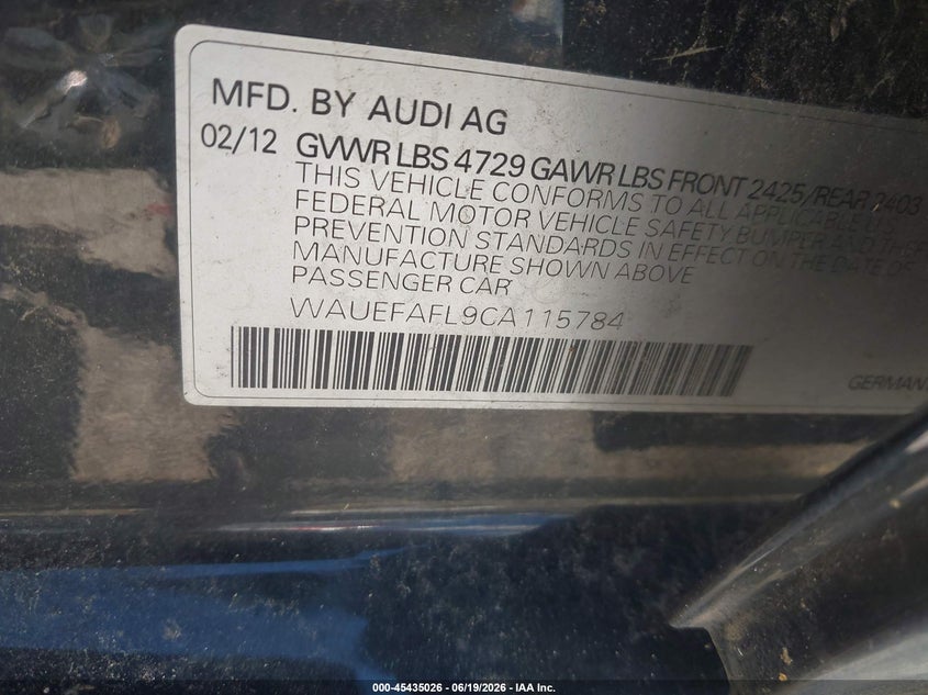 2012 Audi A4 VIN WAUEFAFL9CA115784 IAAI salvage auction — LEFT REAR, Salvage (Ohio), sold $1,000 on 2026-07-14 (photo 9)
