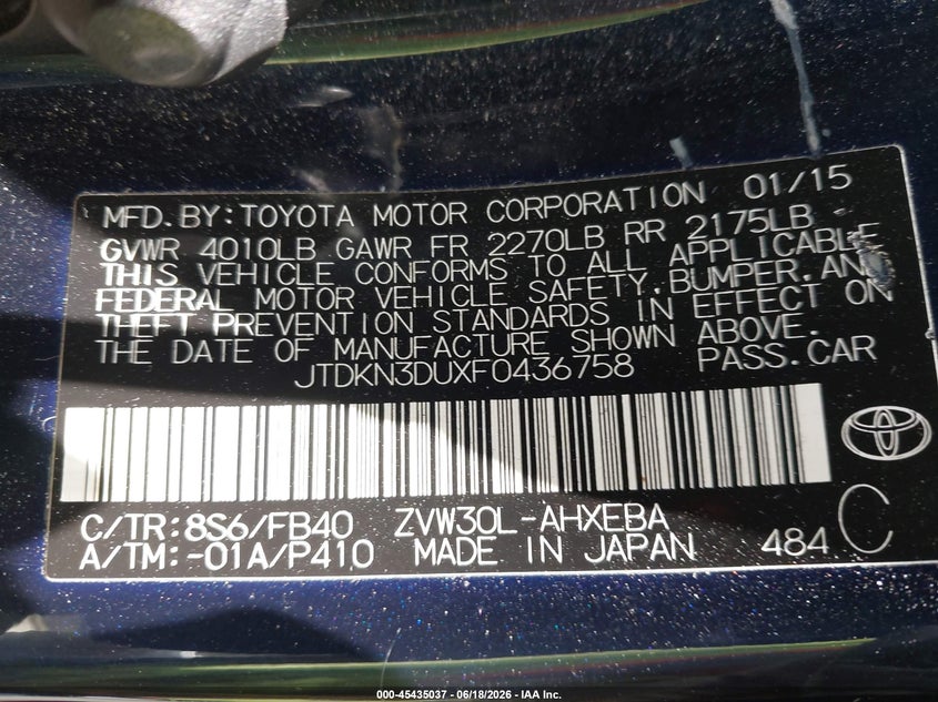 2015 Toyota Prius VIN JTDKN3DUXF0436758 IAAI salvage auction — RIGHT SIDE, Salvage Title - Dealer (California), sold $3,200 on 2026-07-20 (photo 9)