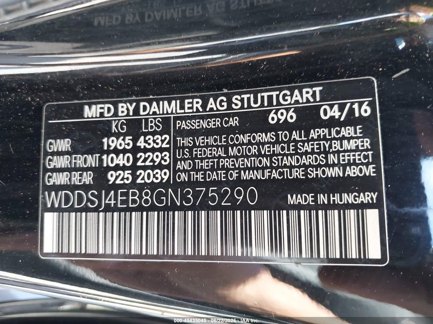 2016 Mercedes-benz VIN WDDSJ4EB8GN375290 IAAI salvage auction — RIGHT FRONT, Salvage Title, sold $825 on 2026-08-17 (photo 9)