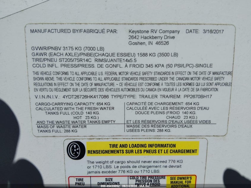 2017 Keystone rv Other VIN 4YDT26726HK417086 IAAI salvage auction — SIDE, Wait Title, sold $2,125 on 2026-09-23 (photo 9)