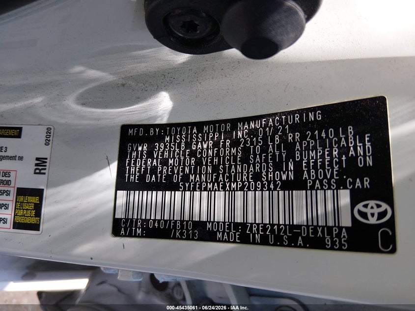 2021 Toyota Corolla VIN 5YFEPMAEXMP209342 IAAI salvage auction — SIDE, Salvage Title, sold $4,700 on 2026-07-26 (photo 9)