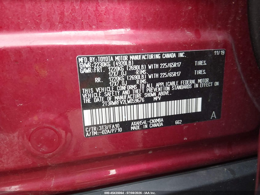 2020 Toyota Rav 4 VIN 2T3RWRFV2LW059676 IAAI salvage auction — HAIL, Clear Claim Paid (Wisconsin), sold $9,100 on 2026-07-11 (photo 9)