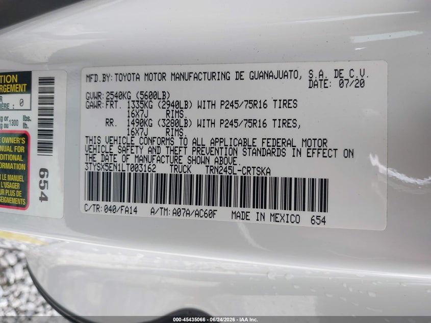 2020 Toyota Tacoma VIN 3TYSX5EN1LT003162 IAAI salvage auction — LEFT FRONT, Salvage (North Carolina), sold $9,200 on 2026-07-31 (photo 9)