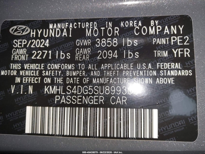 2025 Hyundai Elantra VIN KMHLS4DG5SU899306 IAAI salvage auction — REAR END, Salvage Title, sold $3,400 on 2026-07-30 (photo 9)