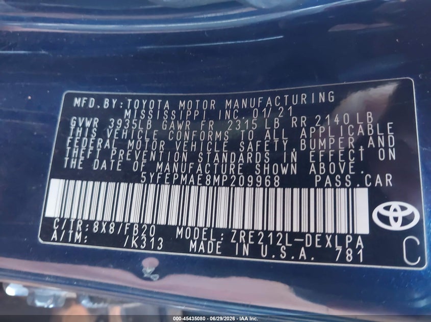 2021 Toyota Corolla VIN 5YFEPMAE8MP209968 IAAI salvage auction — FRONT END, Salvage (Arizona), sold $2,900 on 2026-07-28 (photo 9)