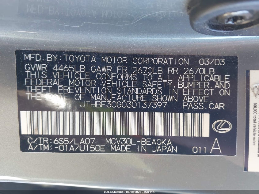 2003 Lexus ES VIN JTHBF30G030137397 IAAI salvage auction — RIGHT FRONT, Clear (Washington), sold $375 on 2026-07-29 (photo 9)