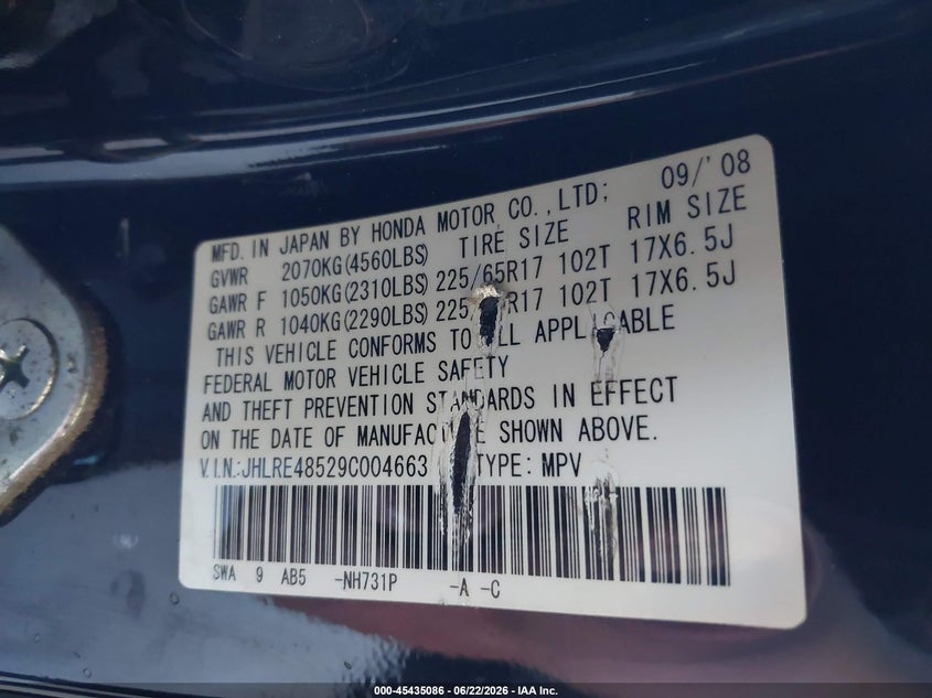 2009 Honda Cr-v VIN JHLRE48529C004663 IAAI salvage auction — FRONT END, Salvage (California), sold $475 on 2026-07-28 (photo 9)