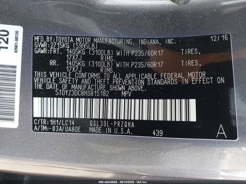 2017 Toyota Sienna VIN 5TDYZ3DC8HS815182 IAAI salvage auction — REAR END, Salvage (Georgia), sold $3,050 on 2026-07-29 (photo 9)