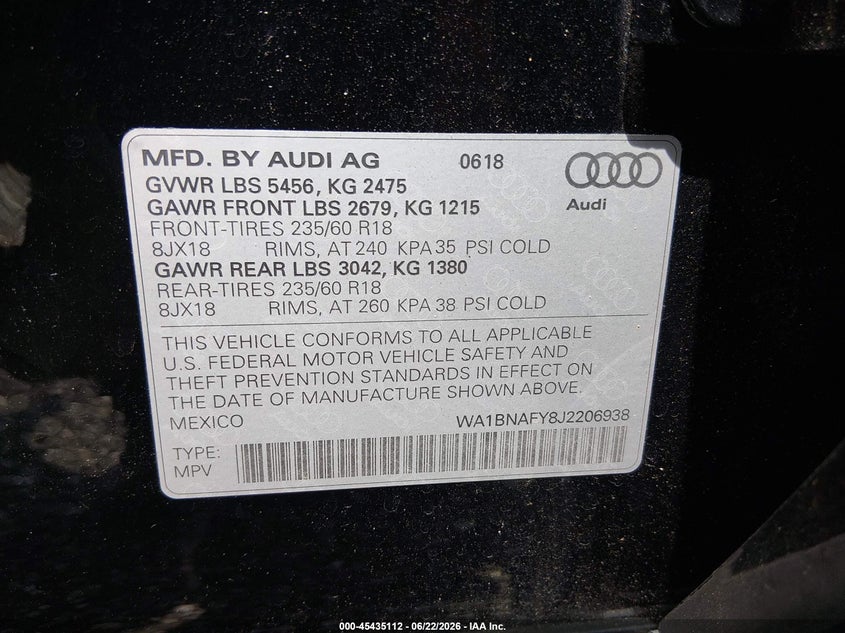 2018 Audi Q5 VIN WA1BNAFY8J2206938 IAAI salvage auction — REAR END, Salvage (South Carolina), sold $4,850 on 2026-07-28 (photo 9)