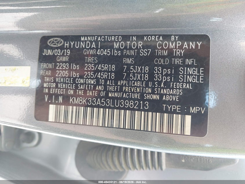 2020 Hyundai Kona VIN KM8K33A53LU398213 IAAI salvage auction — FRONT END, Certificate Of Destruction (Florida), sold $3,375 on 2026-07-09 (photo 9)