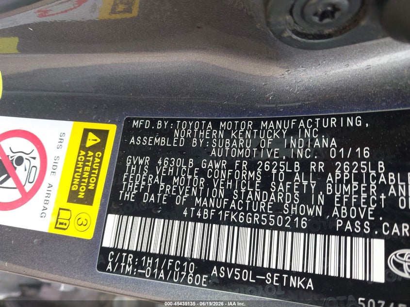 2016 Toyota Camry VIN 4T4BF1FK6GR550216 IAAI salvage auction — RIGHT FRONT, Salvage Title, sold $1,550 on 2026-07-24 (photo 9)