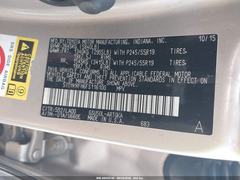2015 Toyota Highlander VIN 5TDYKRFH6FS116100 IAAI salvage auction — RIGHT REAR, Bill Of Sale (Washington), sold $6,800 on 2026-07-14 (photo 9)