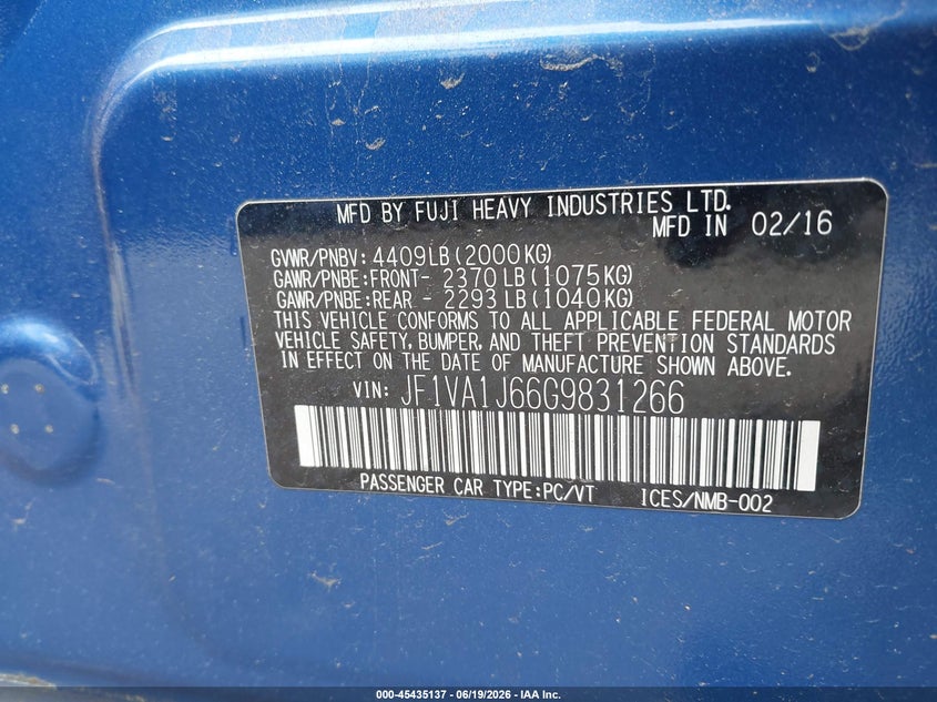 2016 Subaru Wrx VIN JF1VA1J66G9831266 IAAI salvage auction — LEFT SIDE, Salvage Title, sold $2,400 on 2026-07-23 (photo 9)