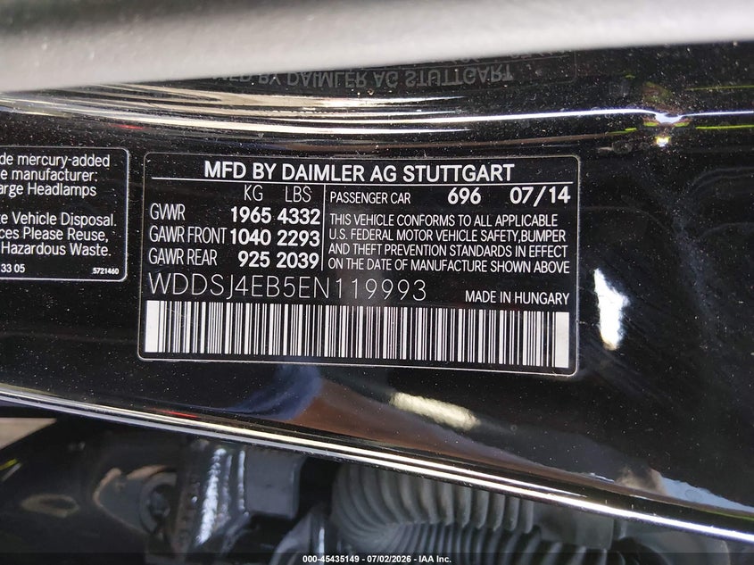 2014 Mercedes-benz Cla-klasse VIN WDDSJ4EB5EN119993 IAAI salvage auction — LEFT FRONT, Salvage (Nevada), sold $2,425 on 2026-08-07 (photo 9)