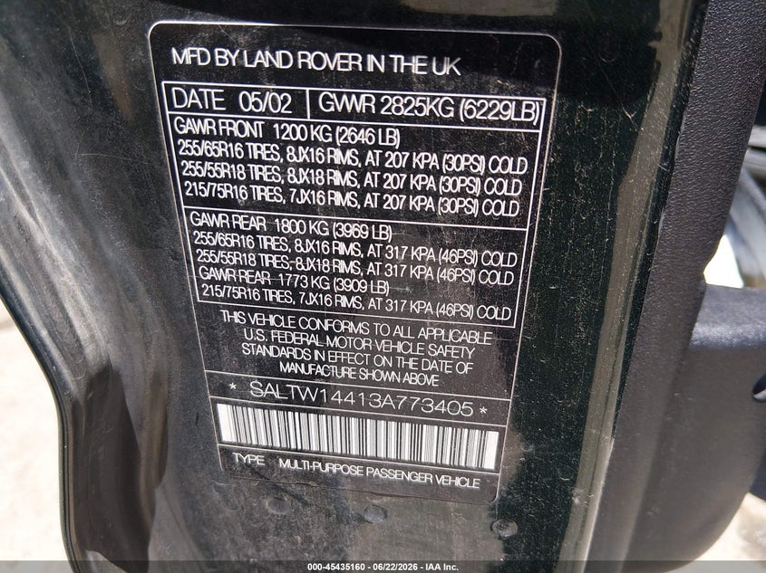 2003 Land rover Discovery VIN SALTW14413A773405 IAAI salvage auction — FRONT END, Salvage (New Mexico), sold $225 on 2026-07-29 (photo 9)
