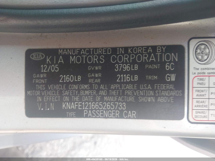2006 Kia Spectra VIN KNAFE121665265733 IAAI salvage auction — NORMAL WEAR, Clear (Kansas), sold $500 on 2026-07-08 (photo 9)