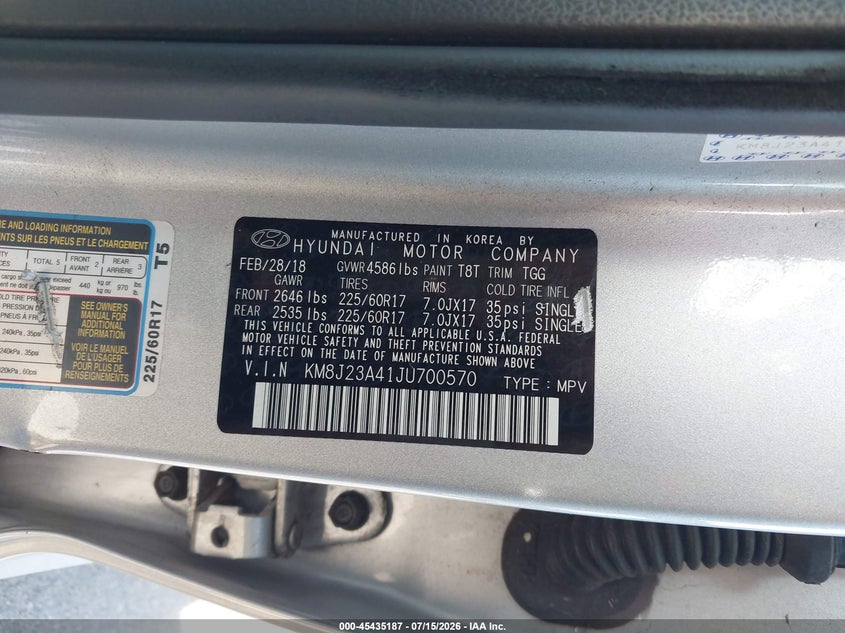 2018 Hyundai Tucson VIN KM8J23A41JU700570 IAAI salvage auction — NORMAL WEAR, Sf97 (Hawaii), sold $8,200 on 2026-07-28 (photo 9)