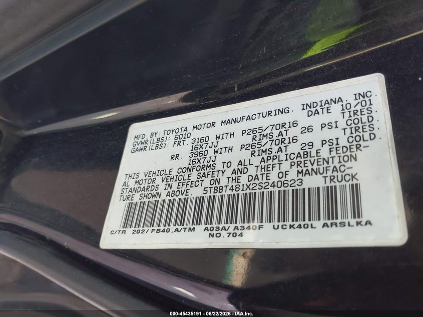 2002 Toyota Tundra VIN 5TBBT481X2S240623 IAAI salvage auction — LEFT SIDE, Original (Texas), sold $525 on 2026-07-28 (photo 9)