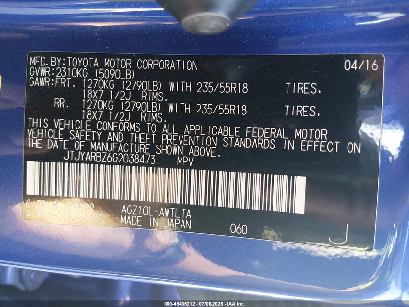 2016 Lexus Nx VIN JTJYARBZ6G2038473 IAAI salvage auction — RIGHT SIDE, Salvage (Arkansas), sold $4,000 on 2026-07-29 (photo 9)