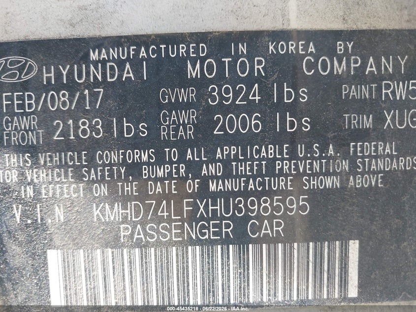 2017 Hyundai Elantra VIN KMHD74LFXHU398595 IAAI salvage auction — FRONT END, Salvage (California), sold $2,000 on 2026-07-06 (photo 9)