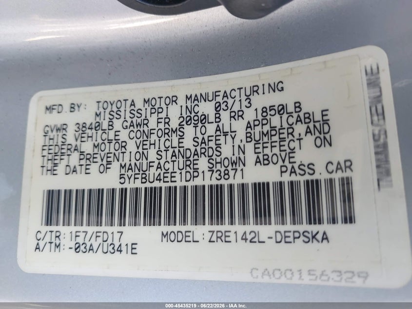 2013 Toyota Corolla VIN 5YFBU4EE1DP173871 IAAI salvage auction — FRONT END, Rebuildable (Florida), sold $1,850 on 2026-07-09 (photo 9)