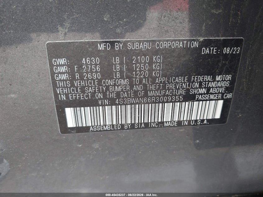 2024 Subaru LEGACY VIN 4S3BWAN66R3009355 IAAI salvage auction — FRONT END, Salvage (Idaho), sold $3,850 on 2026-07-11 (photo 9)