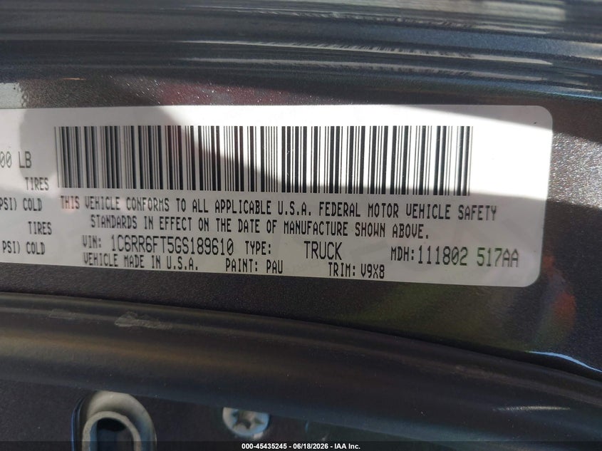 2016 Ram 1500 VIN 1C6RR6FT5GS189610 IAAI salvage auction — NORMAL WEAR, Clear - Dealer Only (California), sold $1,975 on 2026-07-09 (photo 9)