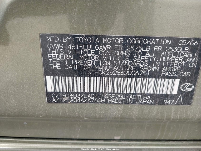 2006 Lexus Is 250 VIN JTHCK262862006751 IAAI salvage auction — NORMAL WEAR, Clear (Massachusetts), sold $275 on 2026-07-27 (photo 9)