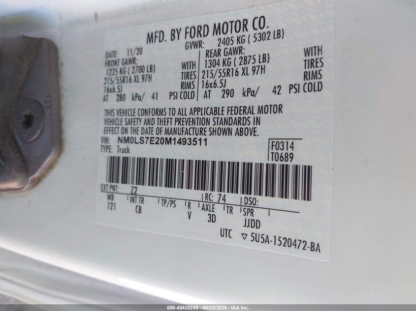 2021 Ford Transit VIN NM0LS7E20M1493511 IAAI salvage auction — FRONT & REAR, Salvage Title, sold $3,500 on 2026-07-14 (photo 9)