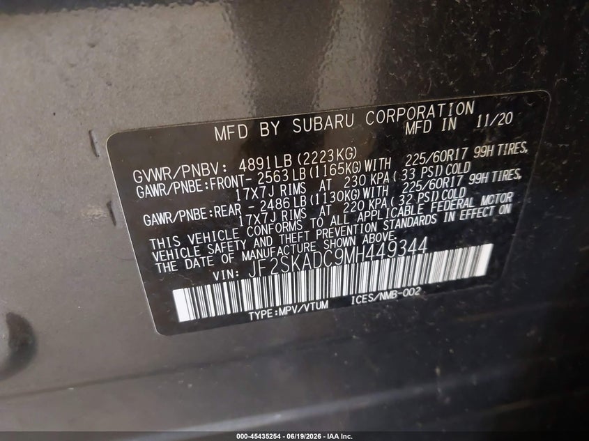 2021 Subaru Forester VIN JF2SKADC9MH449344 IAAI salvage auction — STORM DAMAGE, Clear (Michigan), sold $6,725 on 2026-07-28 (photo 9)